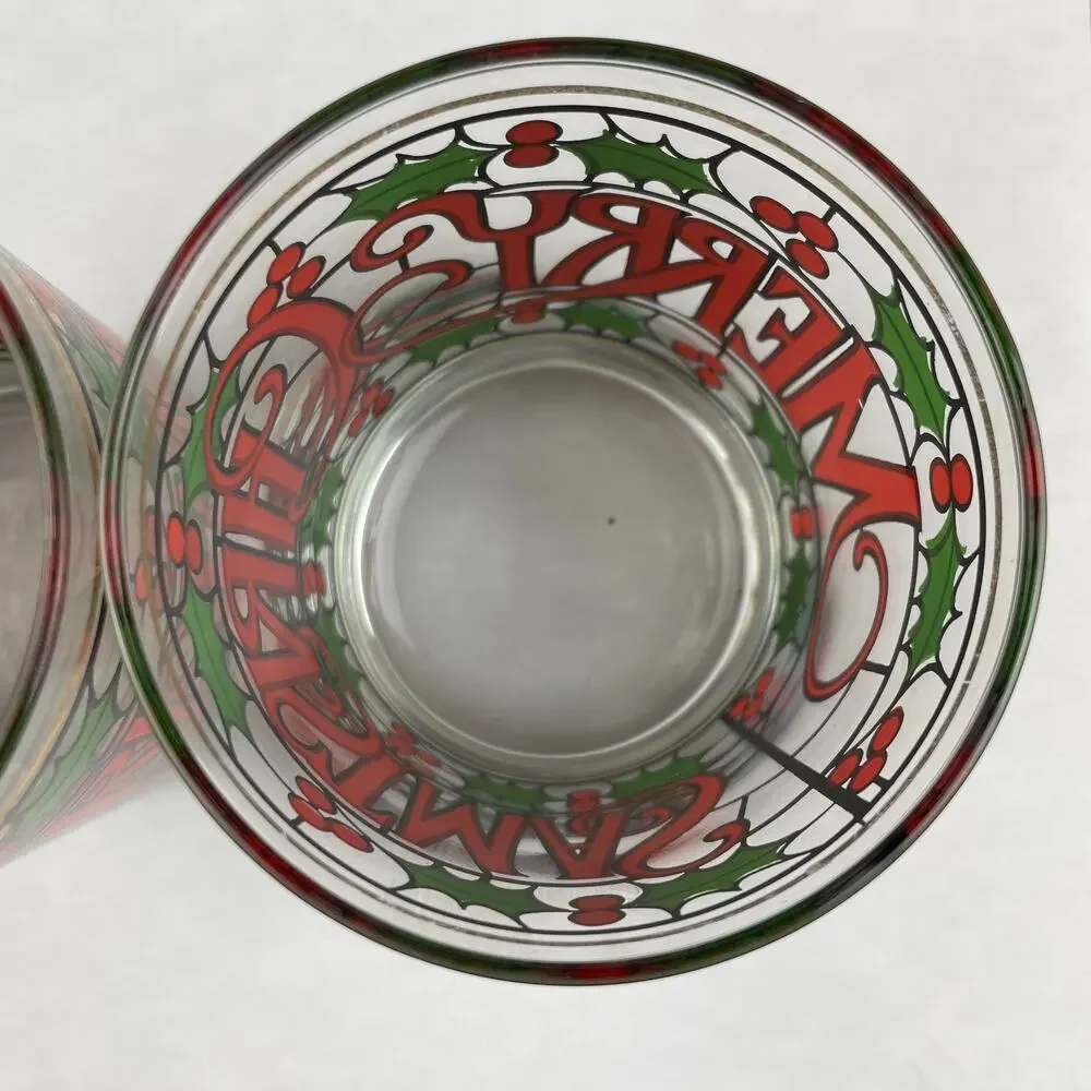 Vintage Cera Glass Merry Christmas Lowball Glasses Lot of 2
